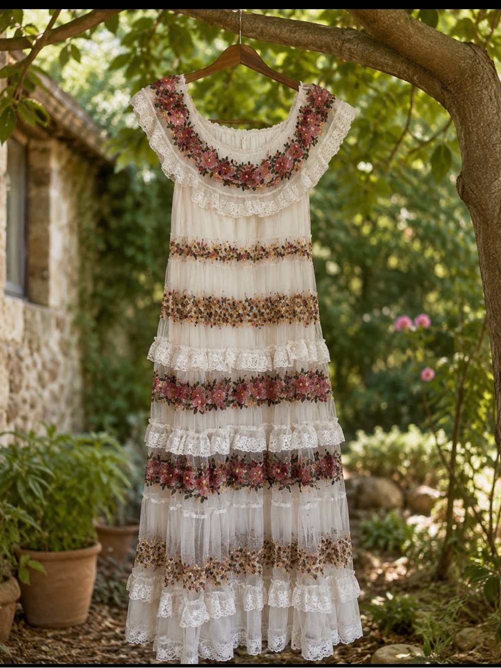 By Anthropologie Ruffle Off-Shoulder Embroidered Tiered Maxi Dress